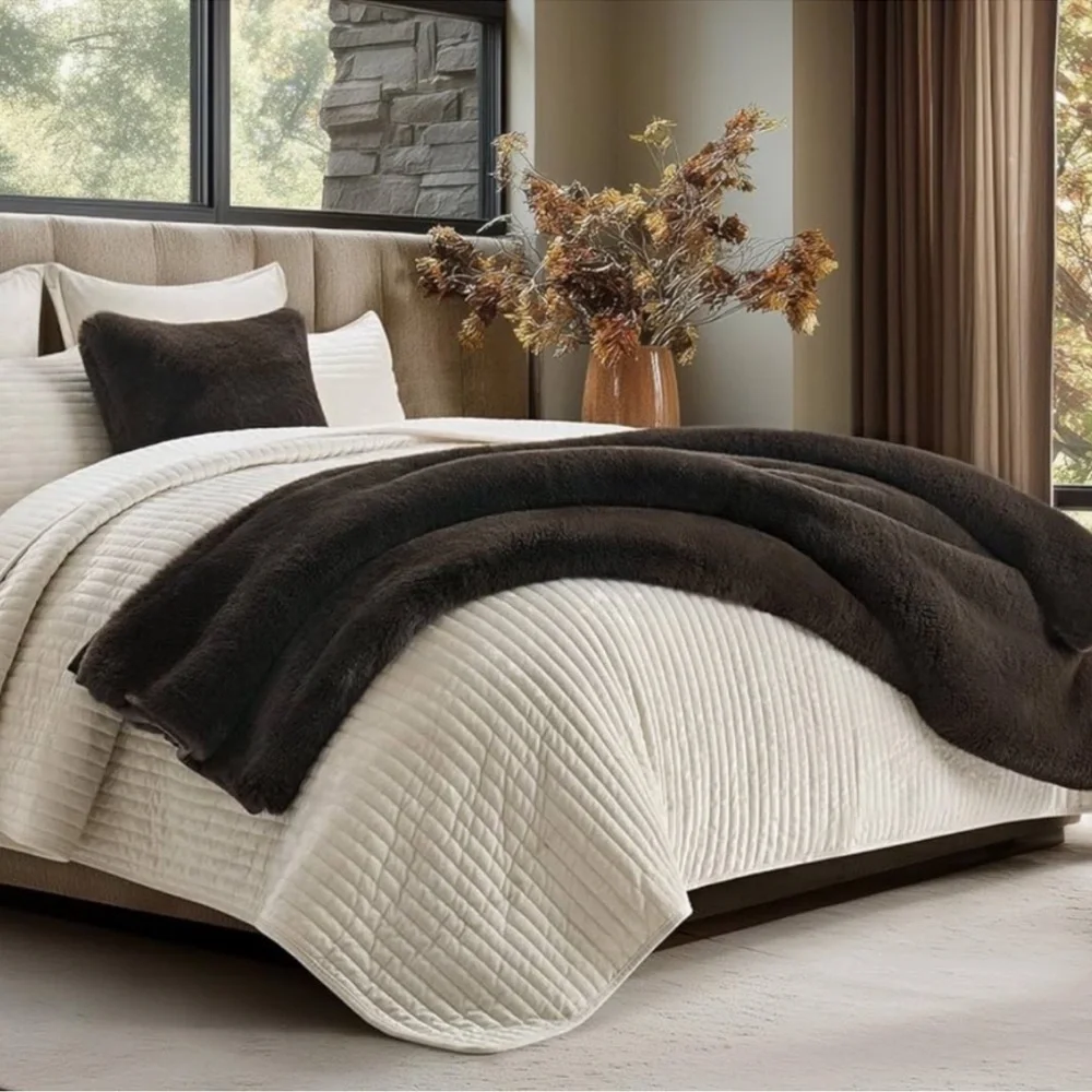 🆕 PB Style Dark Brown Faux Mink Rabbit Fur Throw Velvet Backing XL Quilt Bed